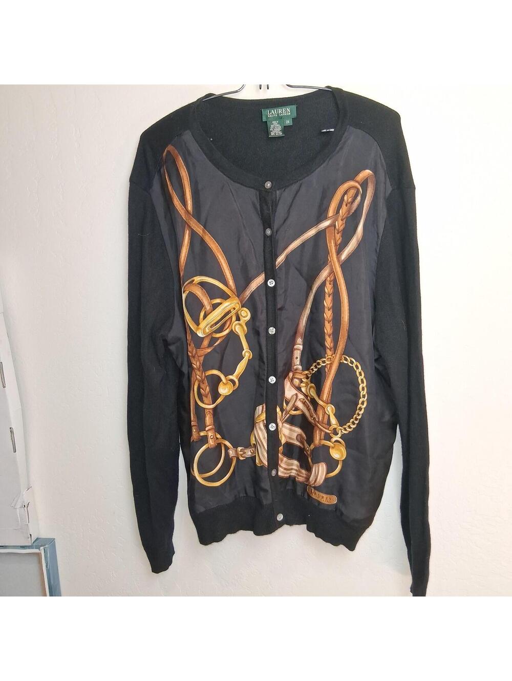 Ralph Lauren Equestrian Silk Front Cardigan Sweater Black Gold 2X Cashmere